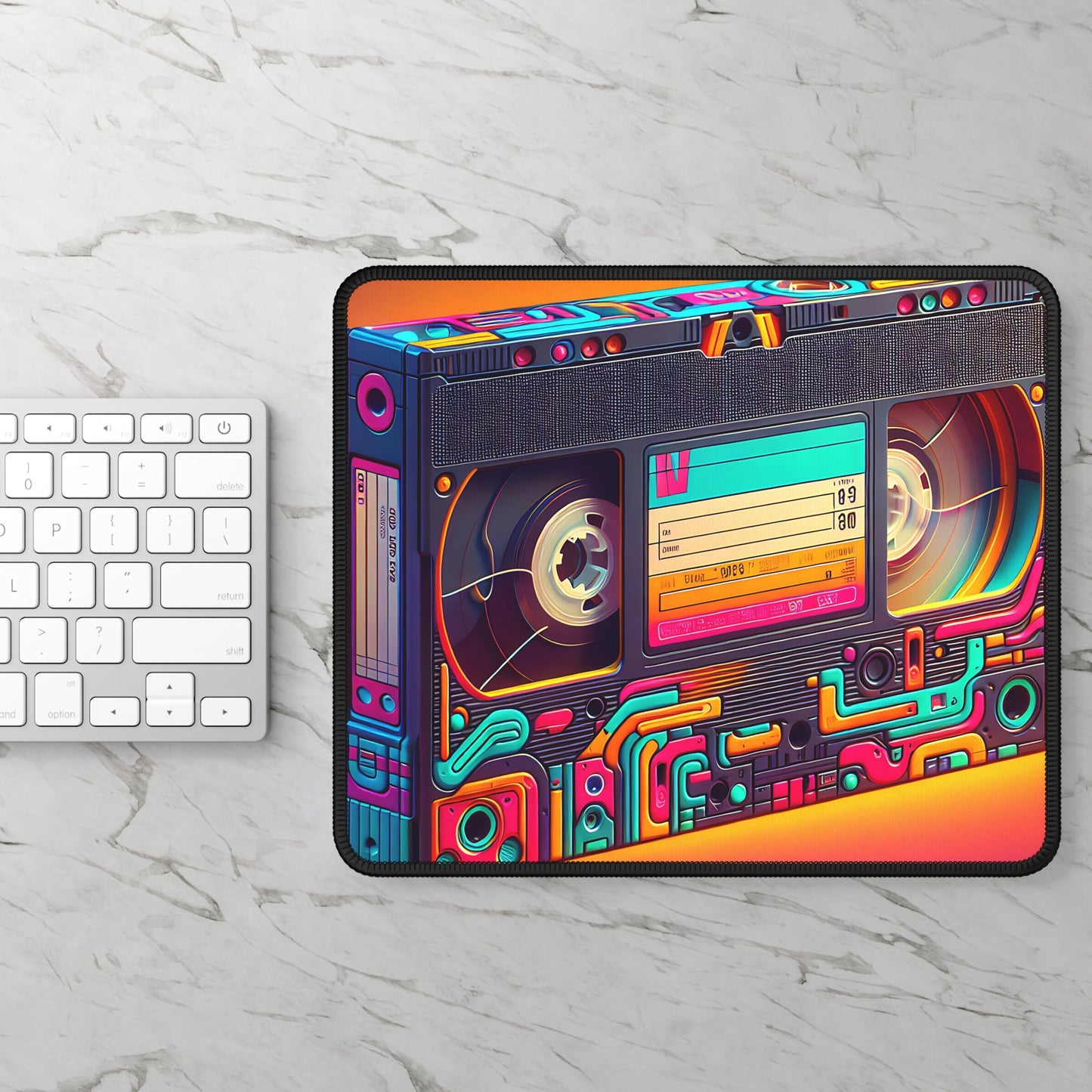 Bright colored cartoon image of a vhs cassette on a mousepad