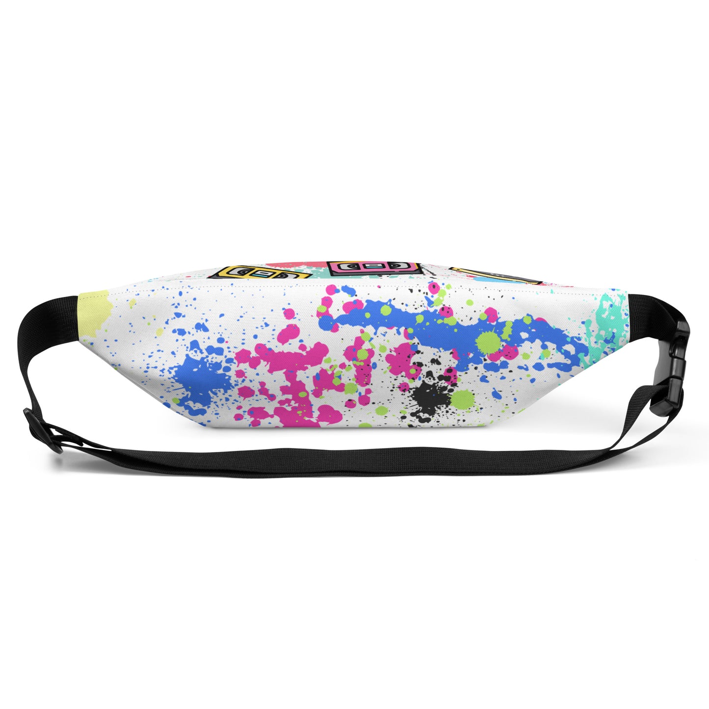 White fanny pack with bright images of vhs cassettes printed on it.