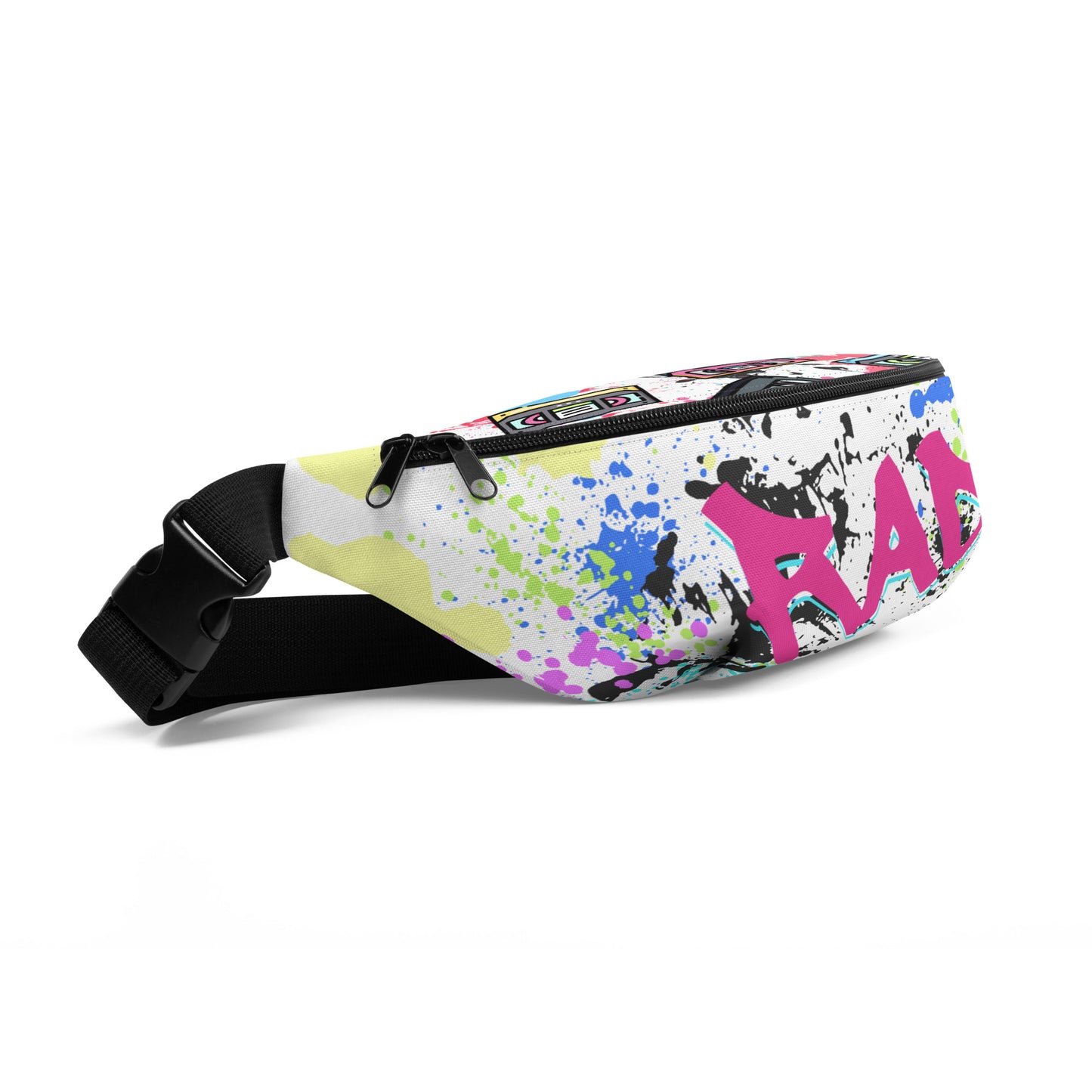White fanny pack with bright images of vhs cassettes printed on it.