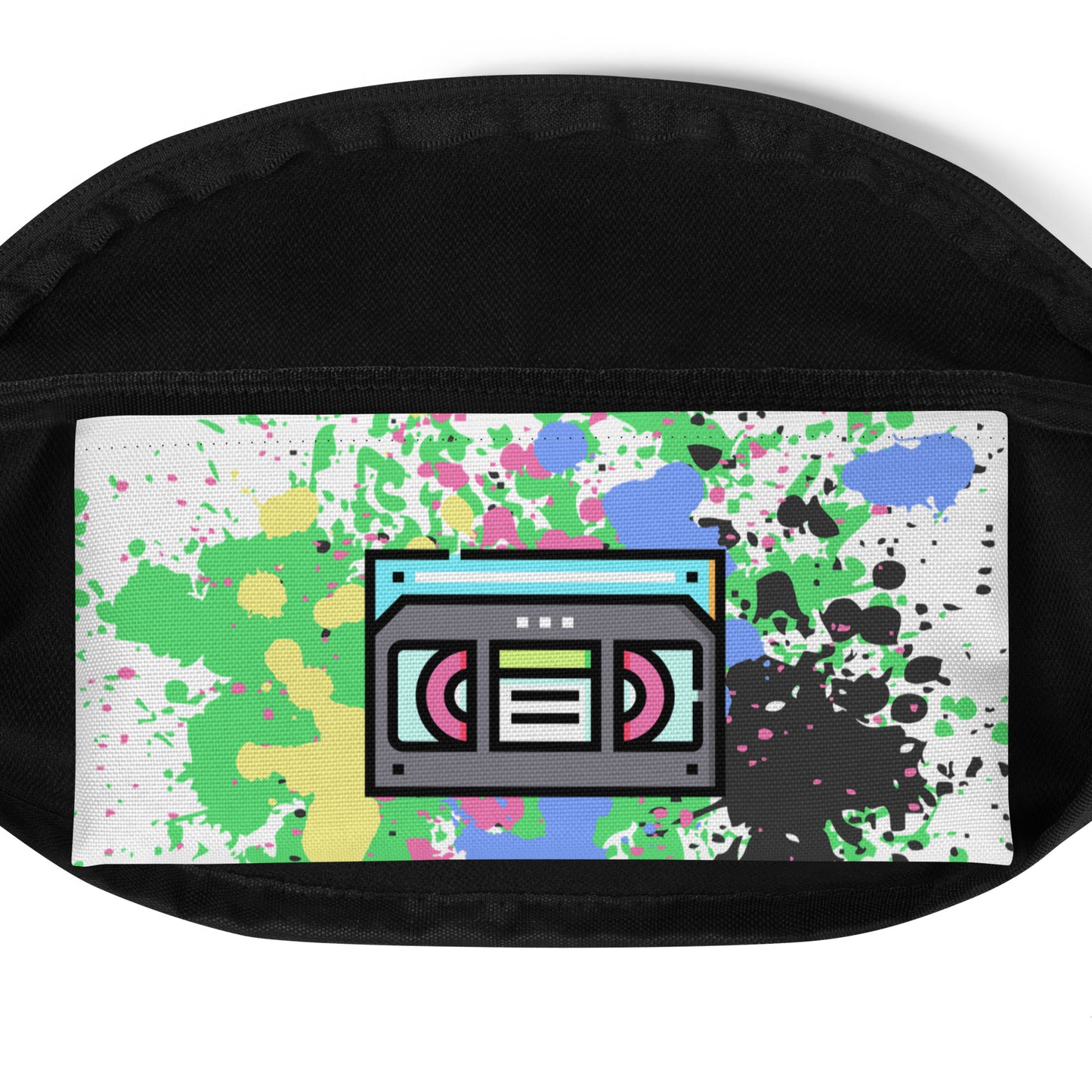 White fanny pack with bright images of vhs cassettes printed on it.