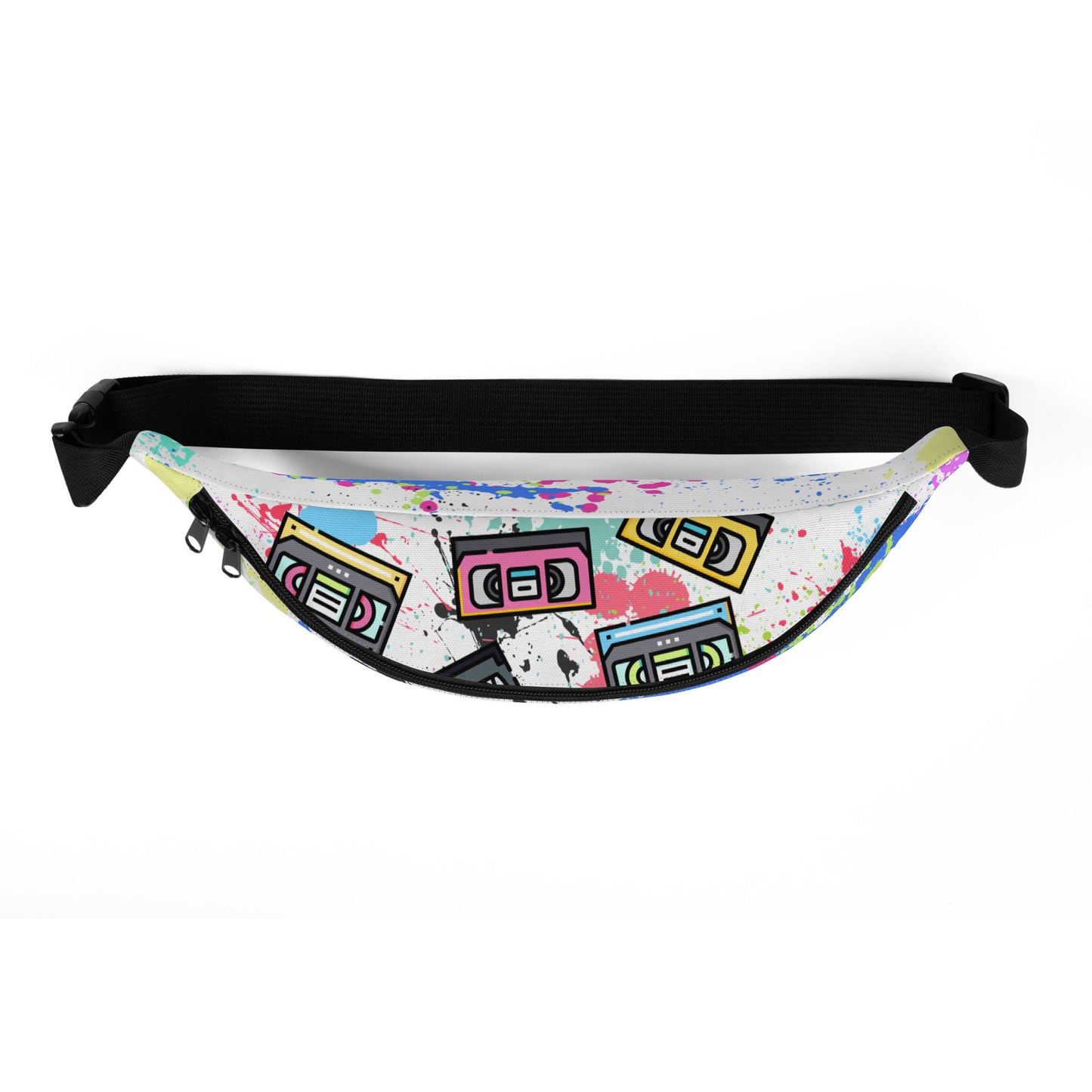 White fanny pack with bright images of vhs cassettes printed on it.